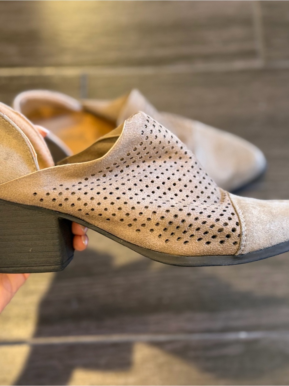 Qupid Taupe Perforated Suede Low Block Heel Booties